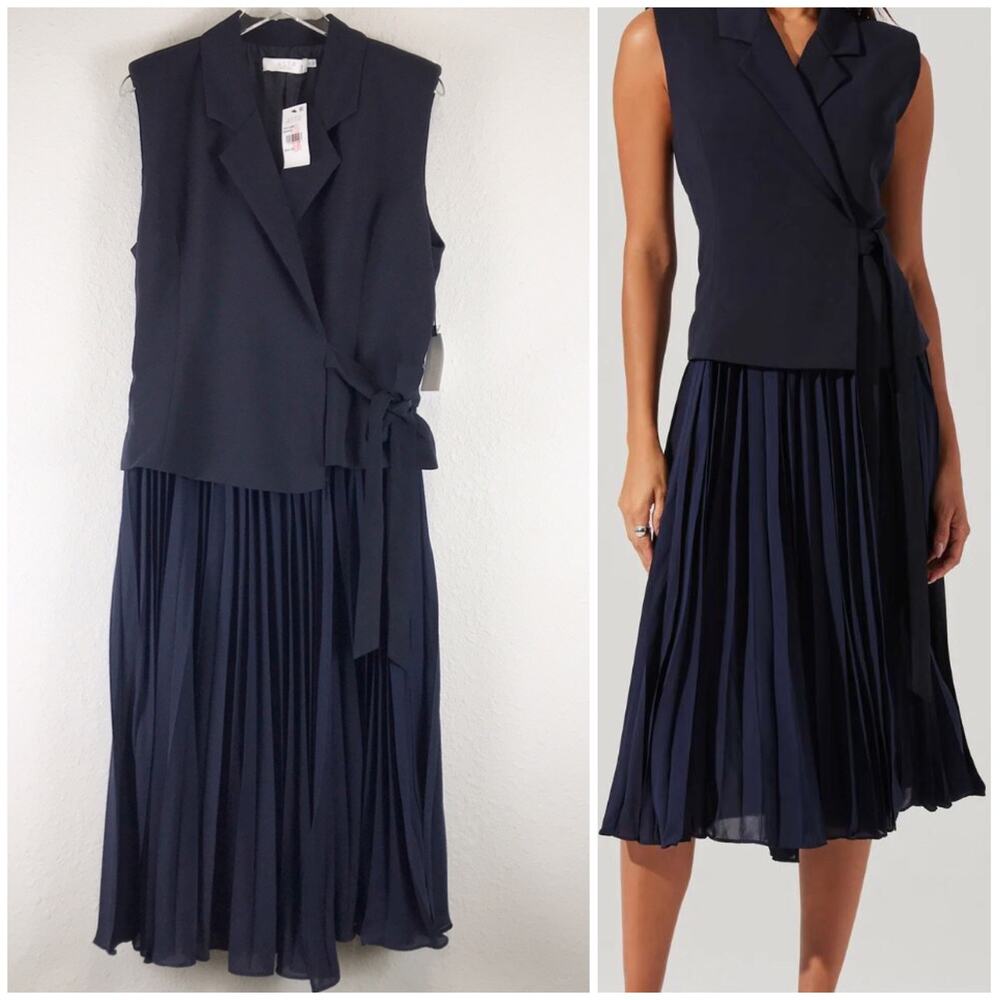 NWT ASTR the label Mixed Media Vest Wrap Dress Midnight Blue Pleated Size XL
